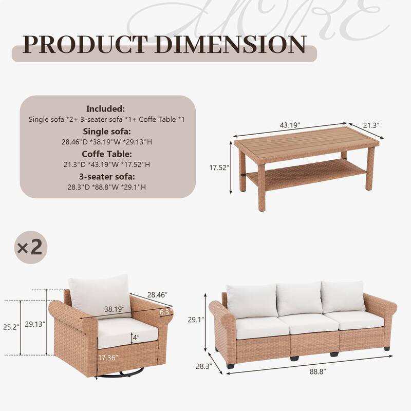 Outdoor 4-Piece Garden Patio Sofa Set, with Swivel Single Chair