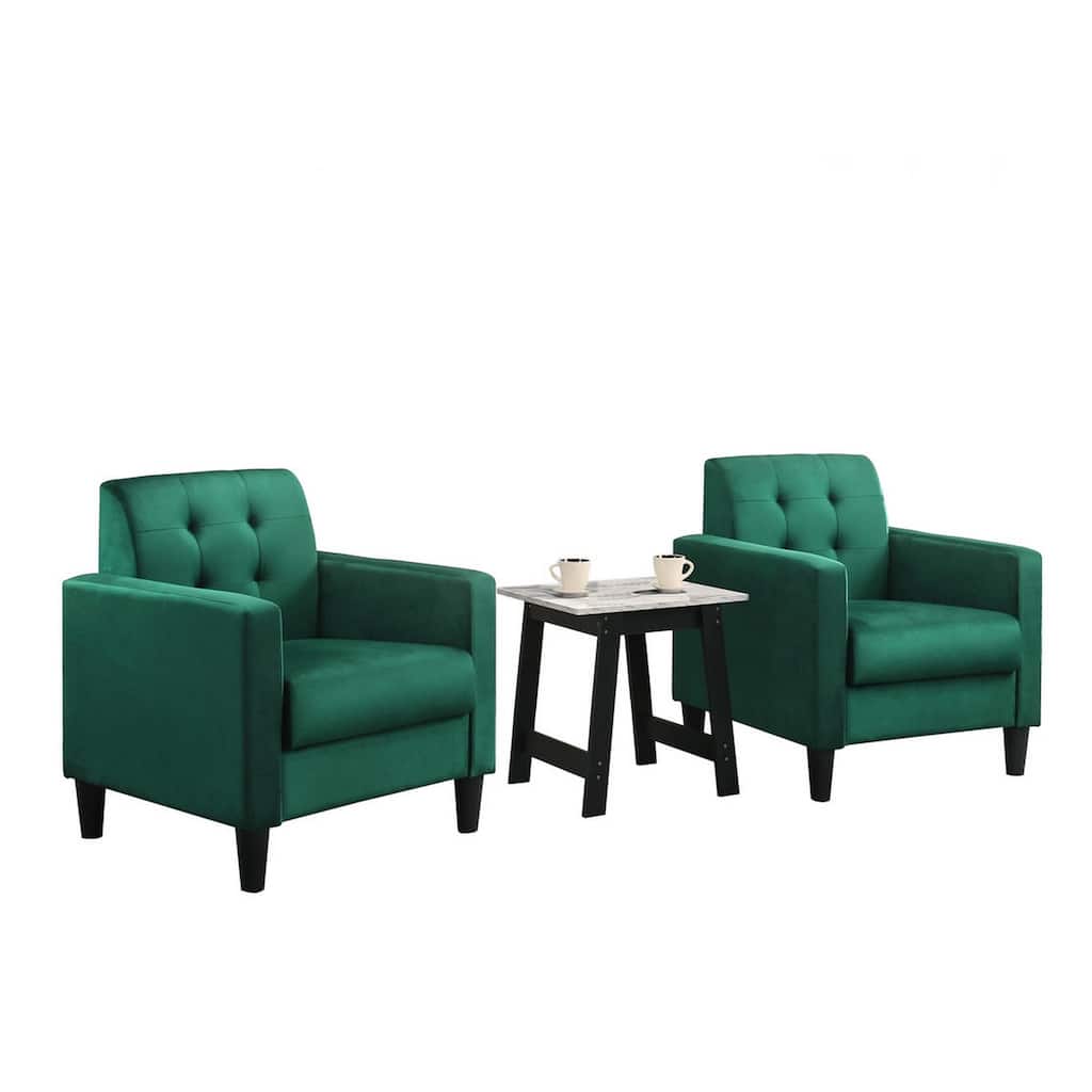 Oz Living Room Set with 2 Velvet Armchairs, Wood Accent End Table, Green