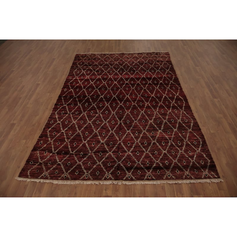 Hand Knotted Oriental 100% Wool Carpet Modern All-Over Red Moroccan Area Rug - 10' 0'' X 6' 6''