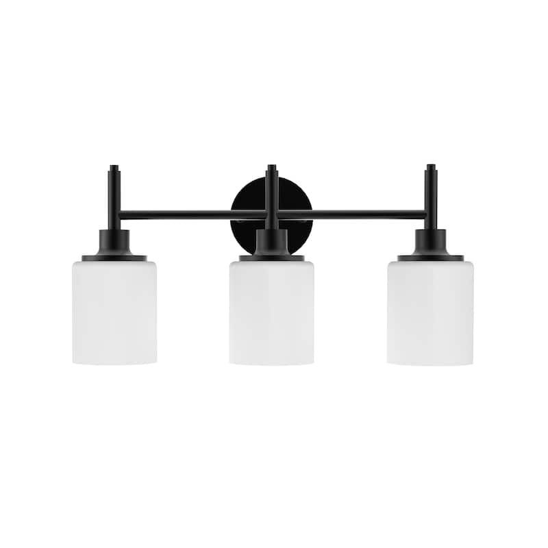 21 in. 3-Light Matte Black Finish Vanity Light with White Glass Shades - 21.6 in. L x 6.75 in. W x 10.6 in. H