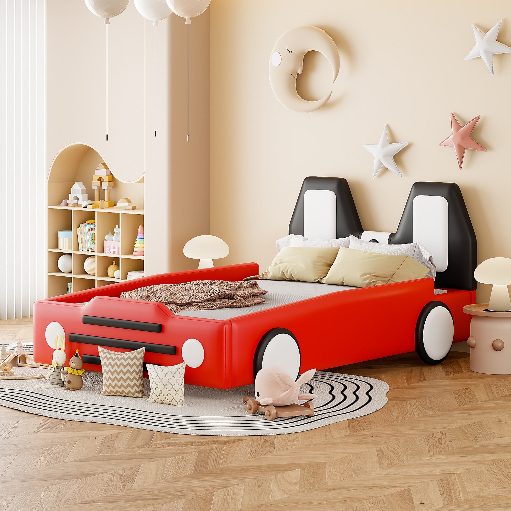 PU Leather Race Car-Shaped Platform Bed,Twin Size
