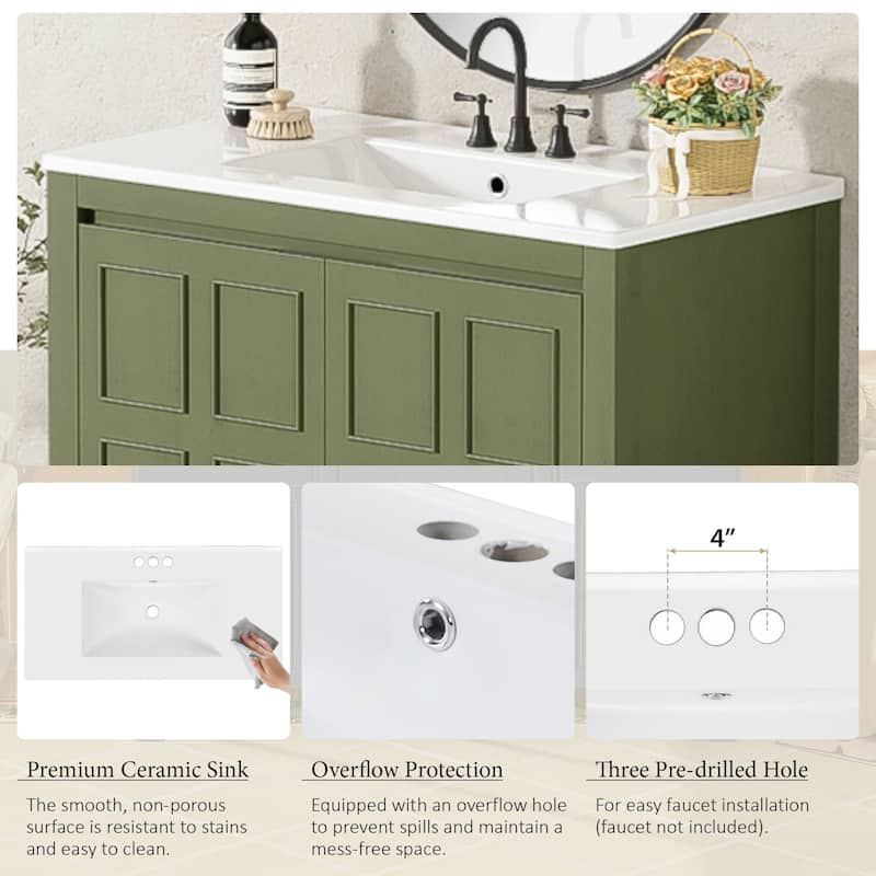 36" Bathroom Vanity Organizer with Ceramic Sink, Set Bathroom Storage Cabinet