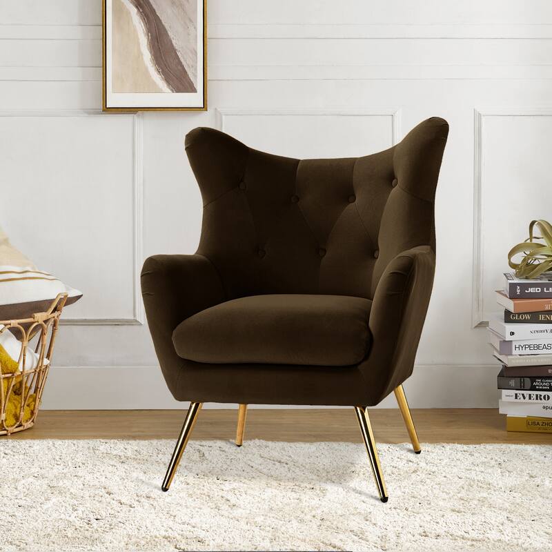 Eusebio Tufted Velvet Accent Chair with Wingback, Arms, and Metal Gold Legs for Living Room or Bedroom by HULALA HOME