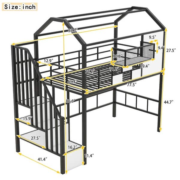 dimension image slide 0 of 2, Stylish Metal Loft Bed with Space Saving Option with A Bottom Nook, Roof Design with Ladder and A Storage Box, Twin, Pink