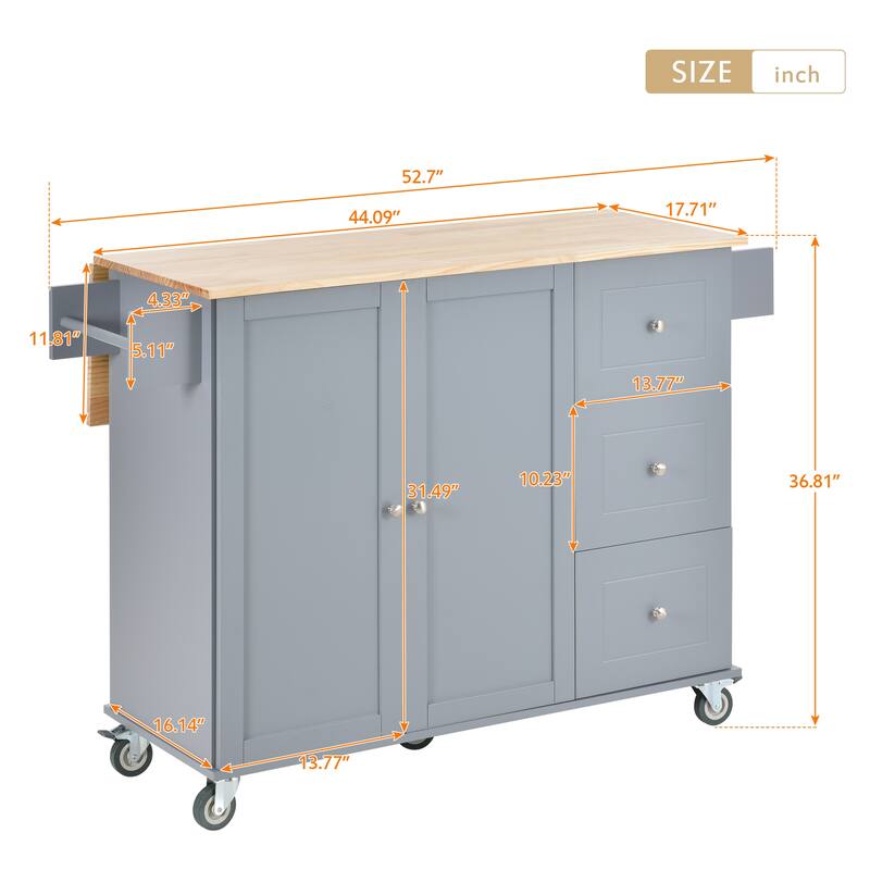 Solid Wood Top Drop Leaf Kitchen Island on Wheels, Rolling Kitchen Cart with Storage Cabinet, Drawers, Spice Rack and Towel Rack