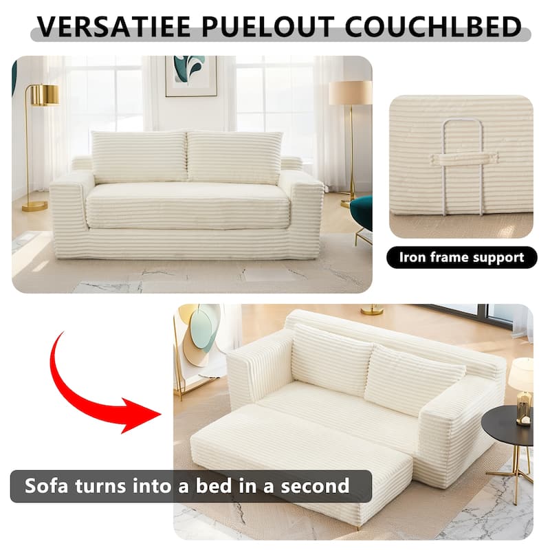 Corduroy Cloud Loveseat Sofa, 2 in 1 Convertible Boneless Sleeper Sofa with Steel Frame, Folding Love Seat Couches