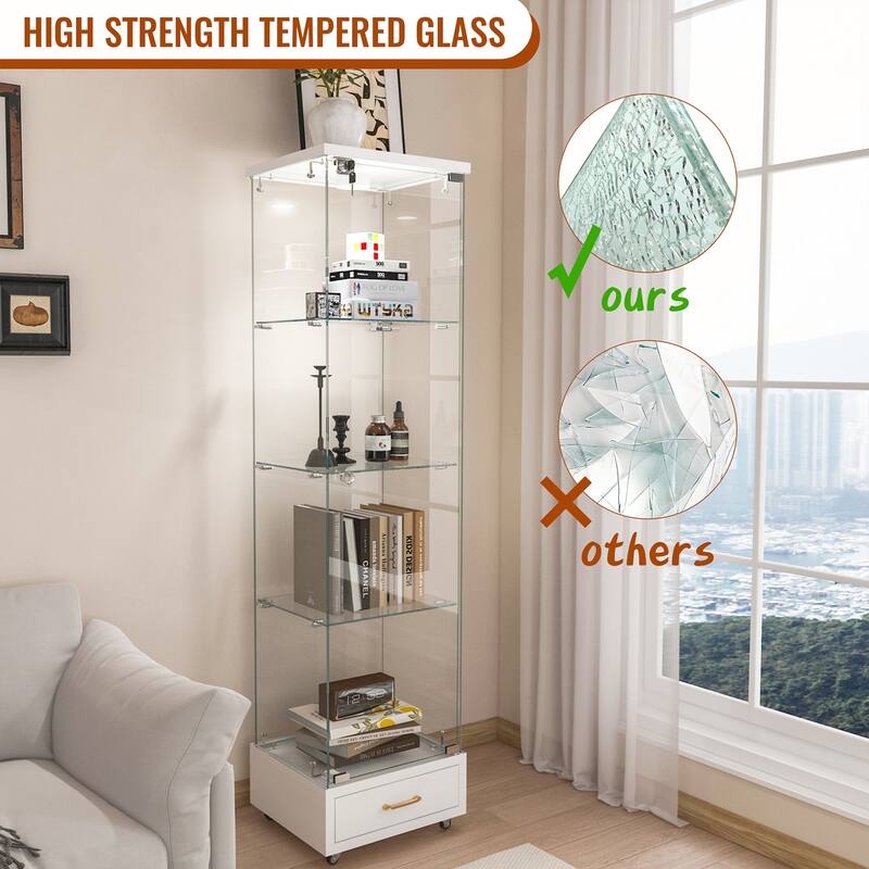 Modern Glass Display Cabinet with Drawer and LED lights for Living Room and Bedroom