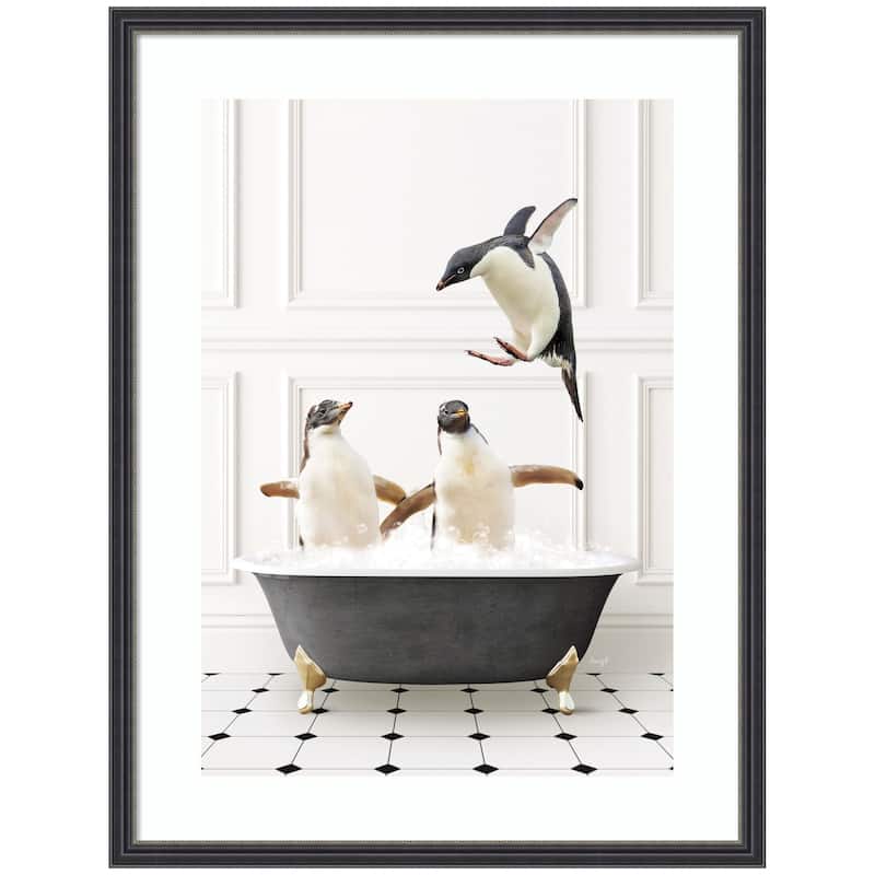 Kate and Laurel Penguins in Classic Black and White Bath by Amy Peterson Framed Wall Art Print - 19 x 25 - Black