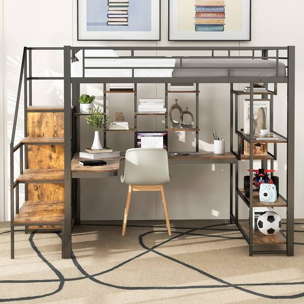 slide 2 of 36, Metal Loft Bed with Storage Staircase and Small Wardrobe, Built-in Desk and Storage Shelves, Full Size Black