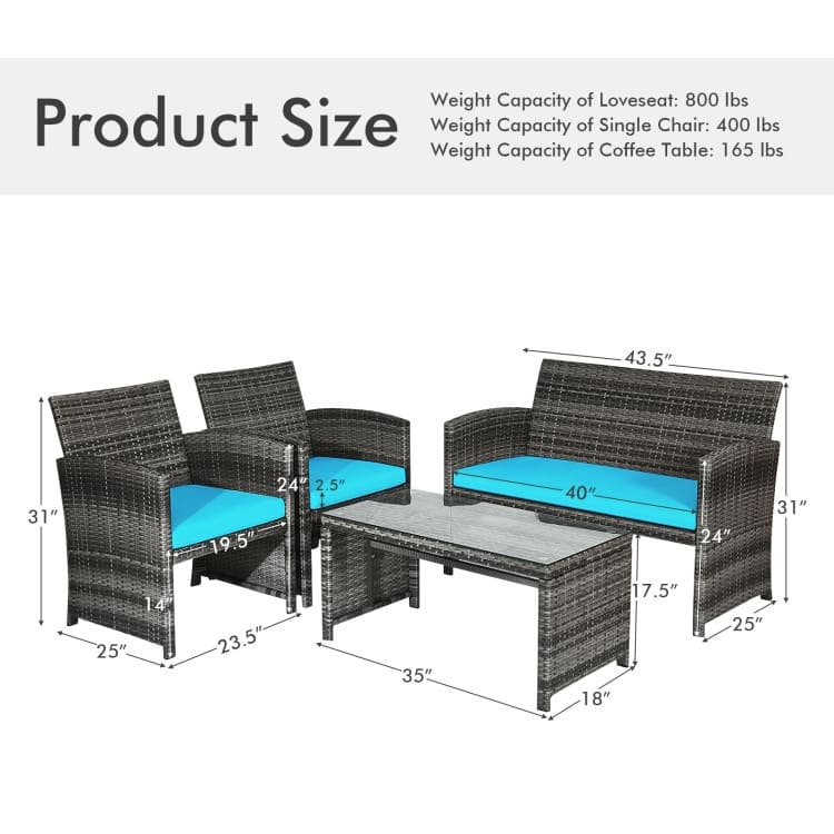 4 Pieces Patio Rattan Furniture Set with Glass Table and Loveseat - 43.5" x 25"x 31" (L x W x H)