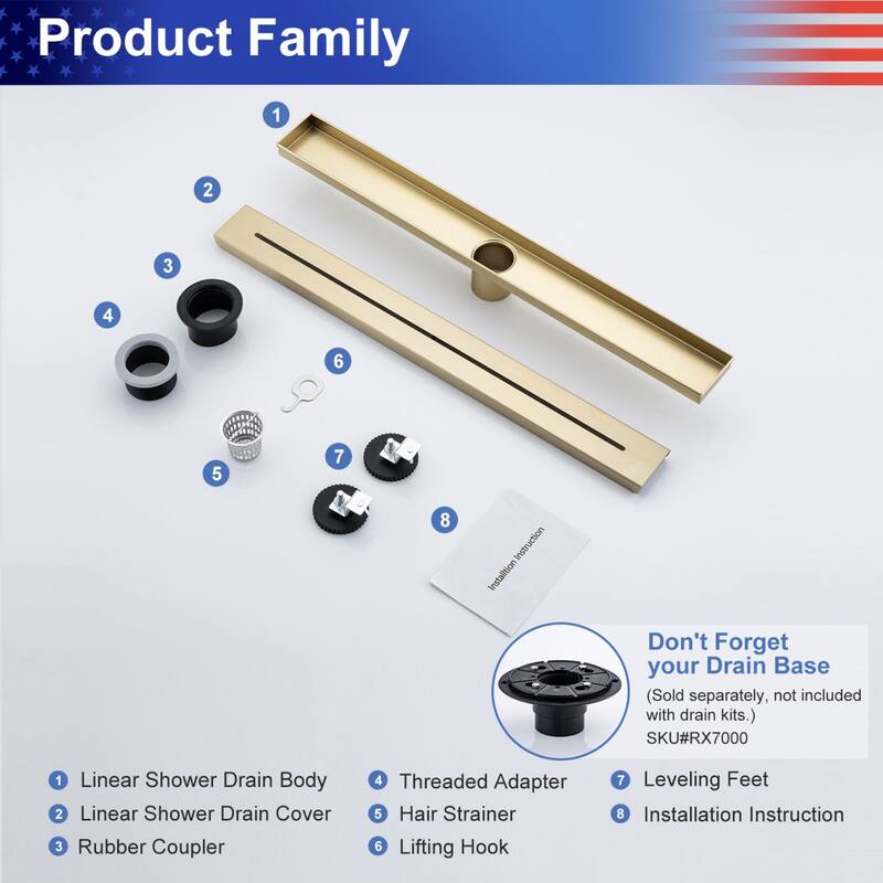 24'' W Linear Grid Drain, Brushed Gold