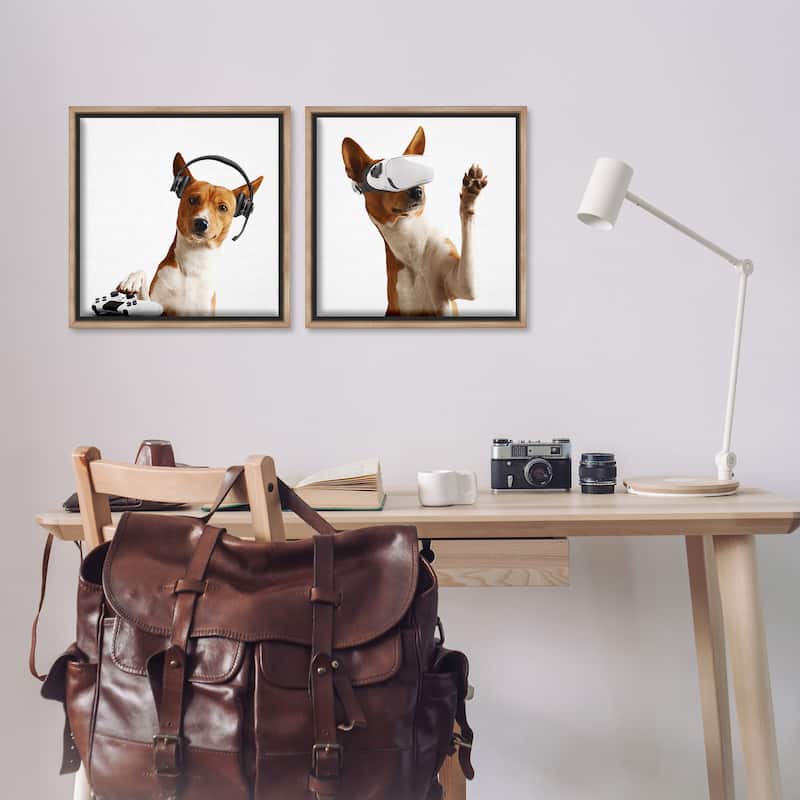 Stupell Video Game Dogs with VR Framed Floater Canvas Wall Art Design By CAD Design (Set of 2)