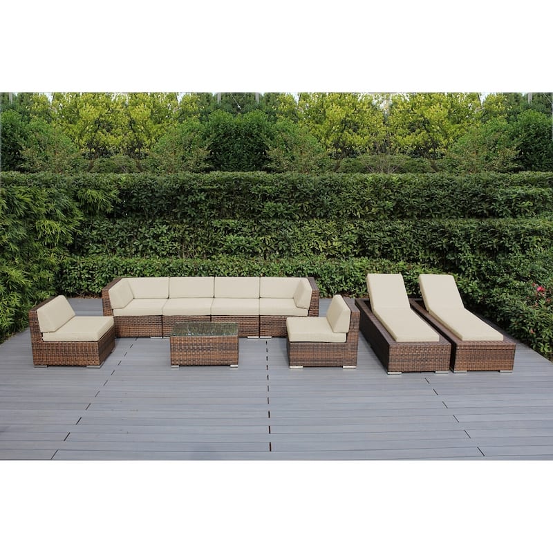 Ohana Outdoor Patio 9-piece Mixed Brown Cushioned Wicker Sofa Set - No Assembly - Sunbrella Antique Beige
