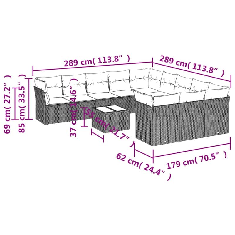 vidaXL Patio Sofa Set with Cushions Outdoor Conversation Furniture Poly Rattan - 21.7" x 24.4" x 27.2"