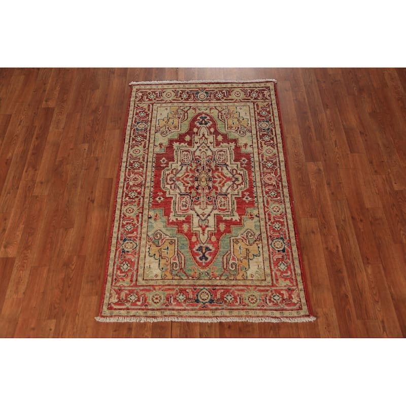Heriz Serapi Vegetable Dye Accent Rug Geometric Handmade Wool Carpet - 3'0"x 4'10"
