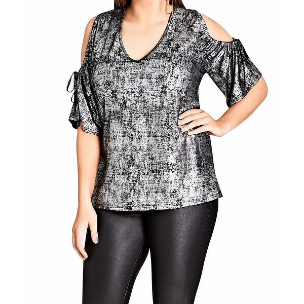 City Chic Silver Womens Size 18W Plus Shimmer Cold-Shoulder Blouse