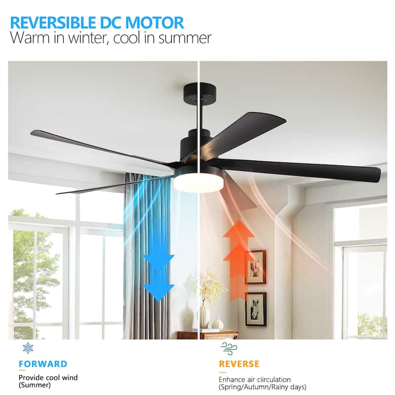 65 Inch Ceiling Fan with Light, 5-Blade Dimmable LED Ceiling Fan with Remote Control, Modern Quiet Design - Black