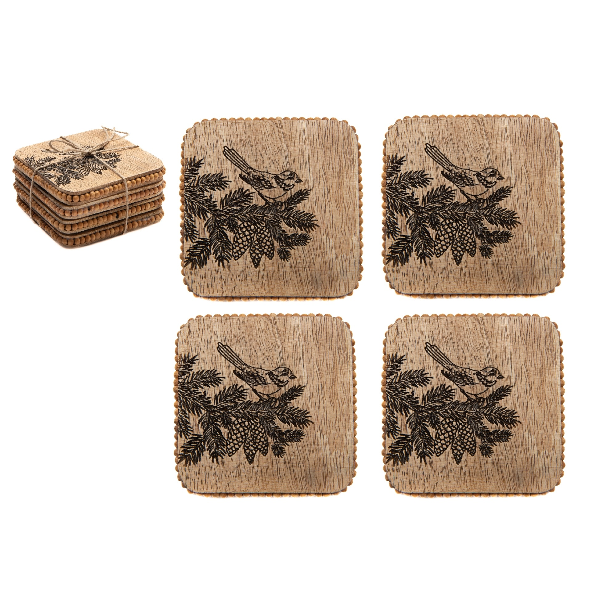 Set Of 4 Beaded Square Bird On Pine Cone Etched Coasters - Overstock ...