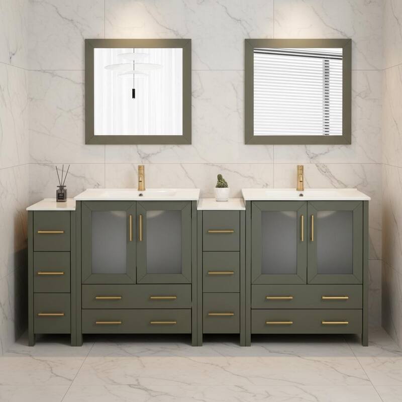 Vanity Art 84" Double Sink Bathroom Vanity Set 10 Dove-Tailed Drawers 4 Cabinets 2 Shelves, Soft-Closing Doors with Free Mirror - Vintage Green