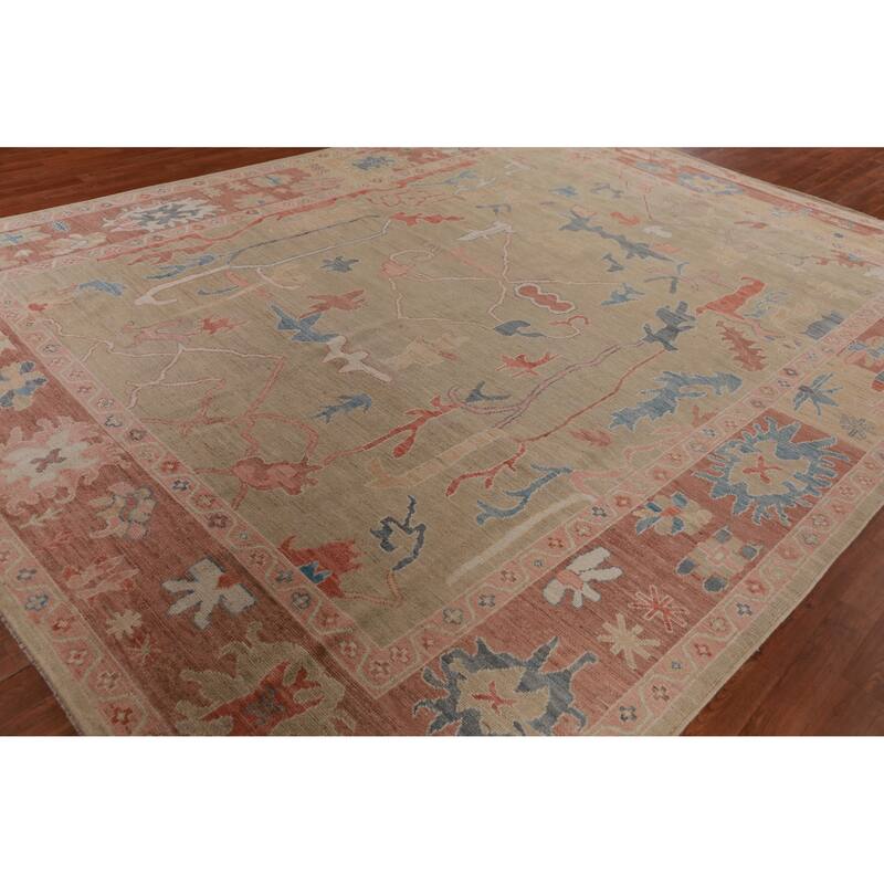 Hand Knotted Oriental 100% Wool Carpet Transitional All-Over Beige & Ivories Oushak Area Rug - 12' 2'' X 9' 4''