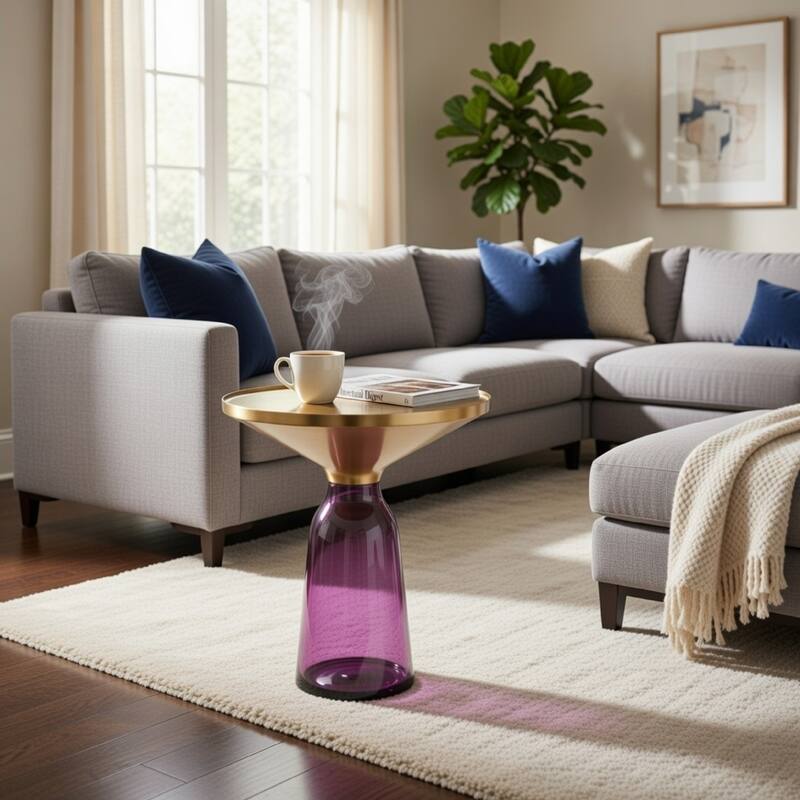 Len 21 Inch Side End Table, Purple Blown Glass Bell Base, Funnel Gold Steel