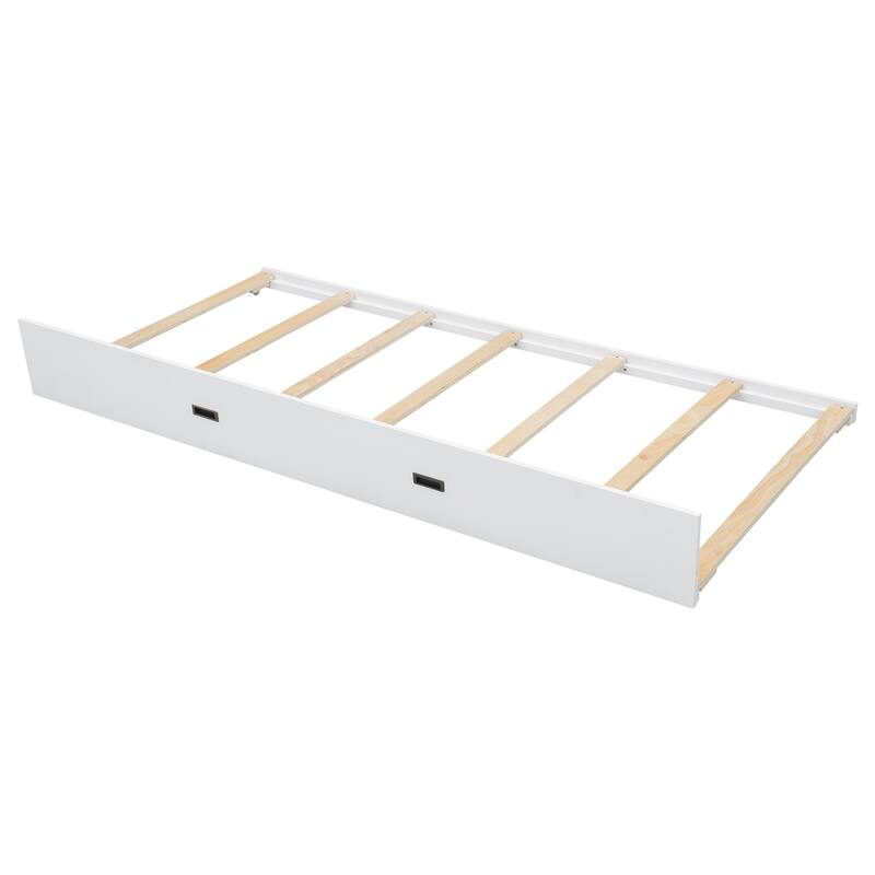 Roomfitters Queen Bunk Bed with Trundle, Solid Wood Frame, Space-Saving Ladder Design for Guest Room, White