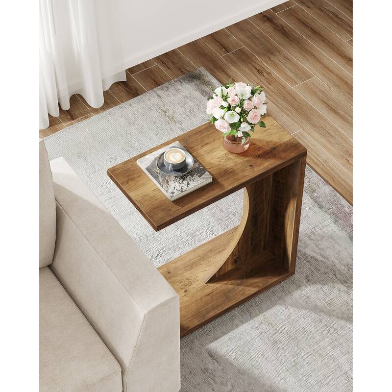 Wood 2-Tier C-Shaped Rectangular End Side Table for Living Room
