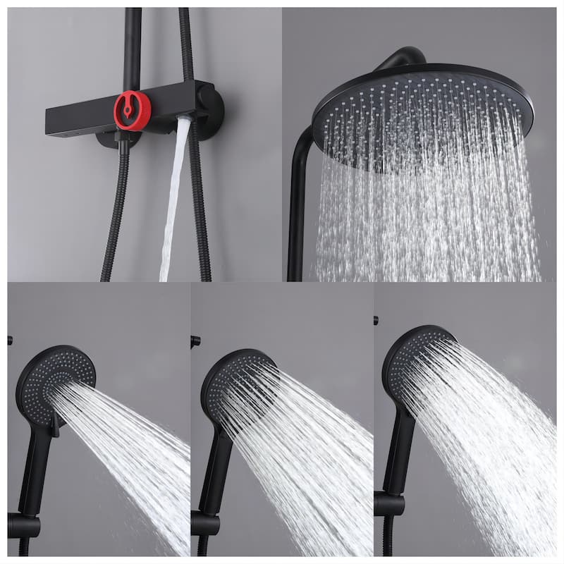 Wall Exposed Install 5-Way Thermostatic Rain Showerhead Black with High-pressure Handheld
