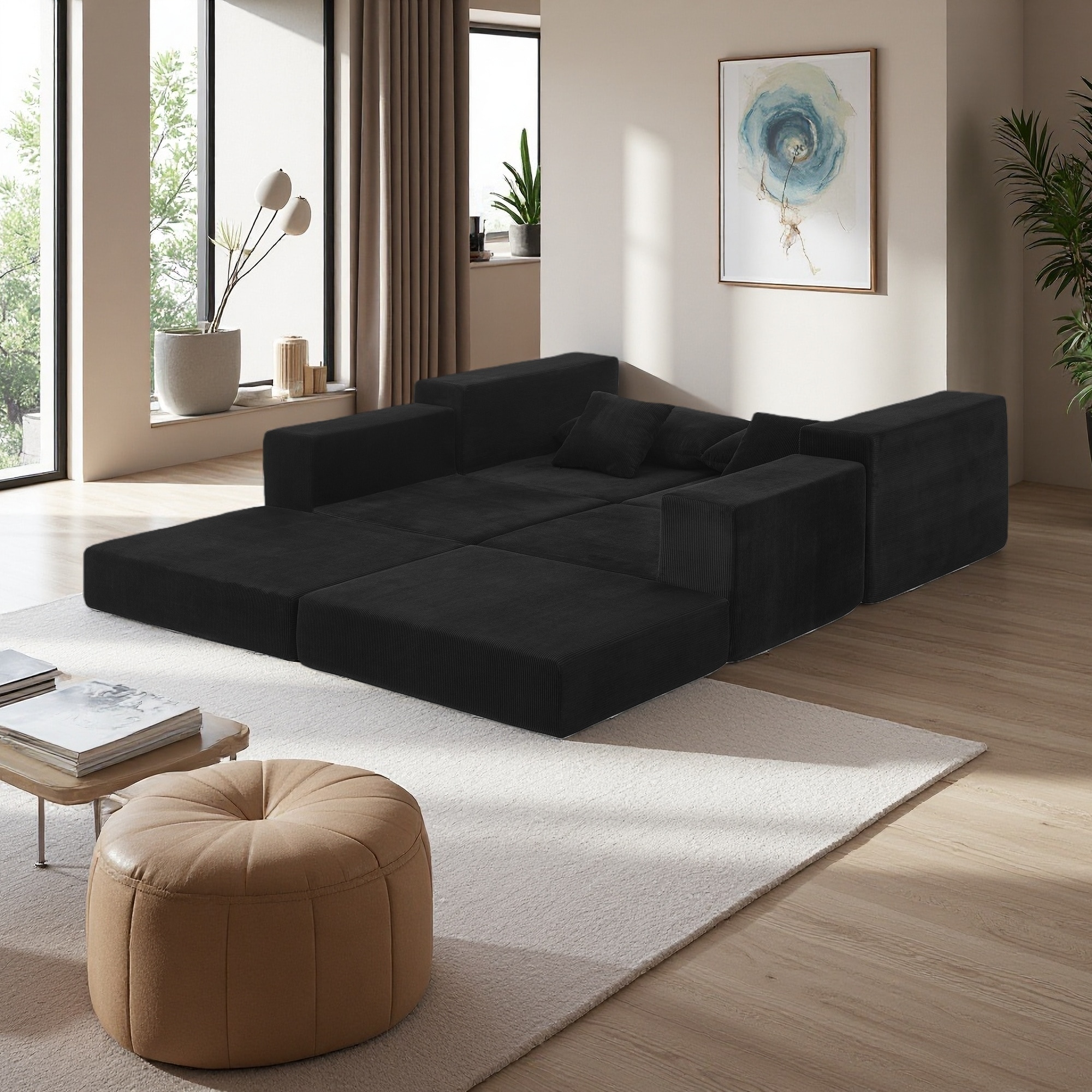 79.5" Corduroy L-Shaped Modular Cloud Sofa with Removable Ottoman, Deep Seat and Throw Pillows