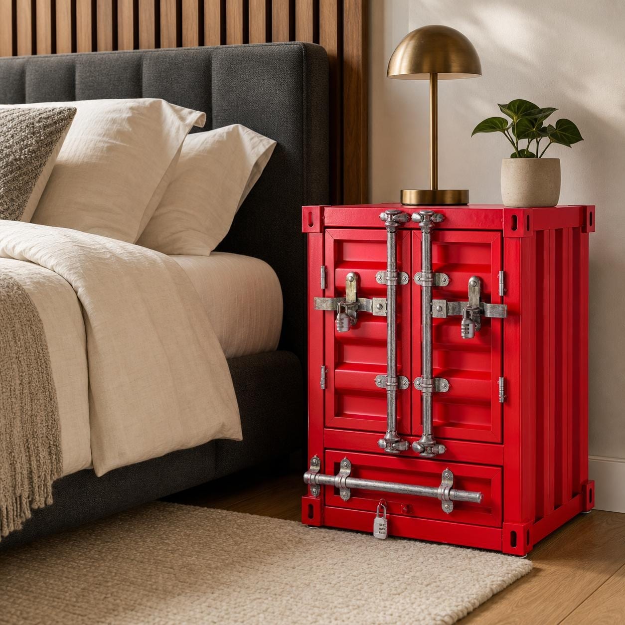 Industrial Steel Container Nightstand with Door Storage