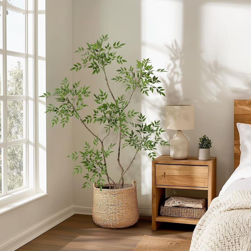 Artificial Plants Indoor, 5FT Tall Faux Floor Plant in Pot, Nandina Artificial Tree with Grey Planter
