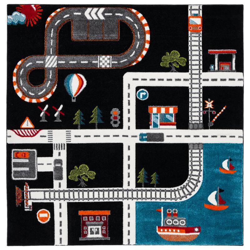 SAFAVIEH Carousel Kids Koika Neighborhood Road Rug - 3' x 3' Square - Black/Ivory