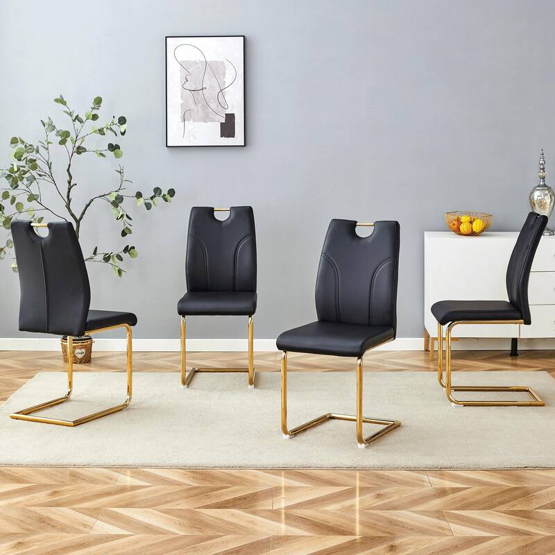PU Dining Chair Set, Uniquely Designed Black Dining Chairs, Pu Material, Paired With Gold Metal Chair Legs (Set Of 4)