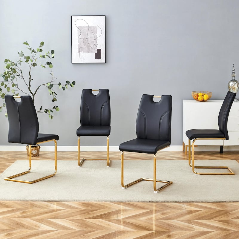 Roomfitters PU Dining Chairs with Gold Metal Legs, Modern Design for Dining or Office, Set of 4, Black
