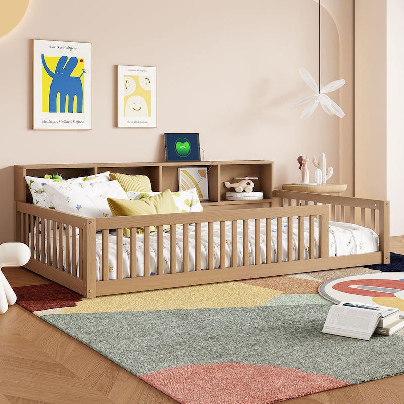 Roomfitters Wood Twin XL Floor Bed with Storage Cabinets and USB Ports