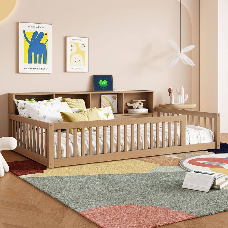 Twin XL Floor Bed with Storage Cabinets and USB Ports, Brown