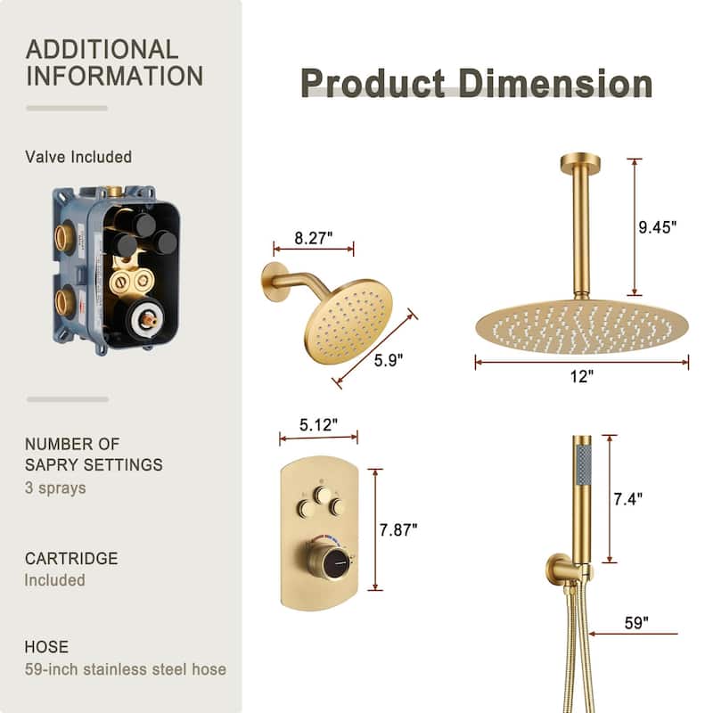 Pressure Balanced 3-Spray Patterns 2.5 GPM 12 in. Dual Shower Head Ceiling Mount Fixed and Handheld Shower Head - 12" x 12"