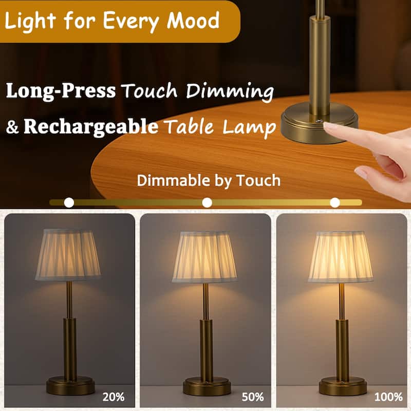 Modern Rechargeable LED Table Lamp with Fabric Shade Classic Touch Control USB Cordless Nightstand Light for Bedroom (2 Pack)