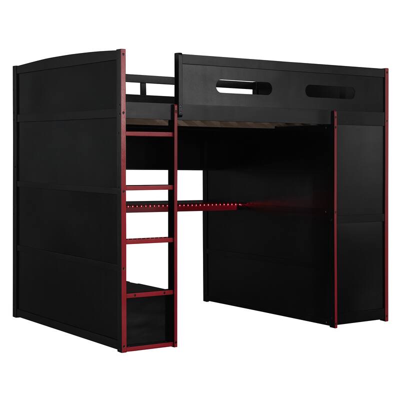Full Size Wood Loft Bed with Desk - Features Wardrobe, Ample Storage & RGB LED Lights