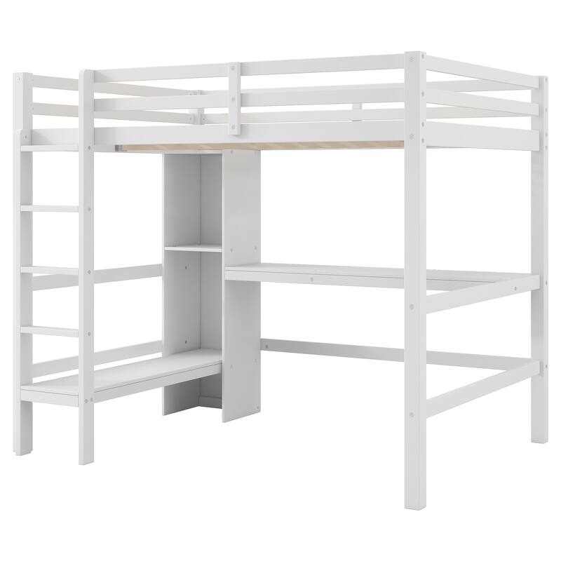 Full Size Loft Bed with Storage Shelves and Desk, Multi-functional Kids Bed Frame with Open Bookcase