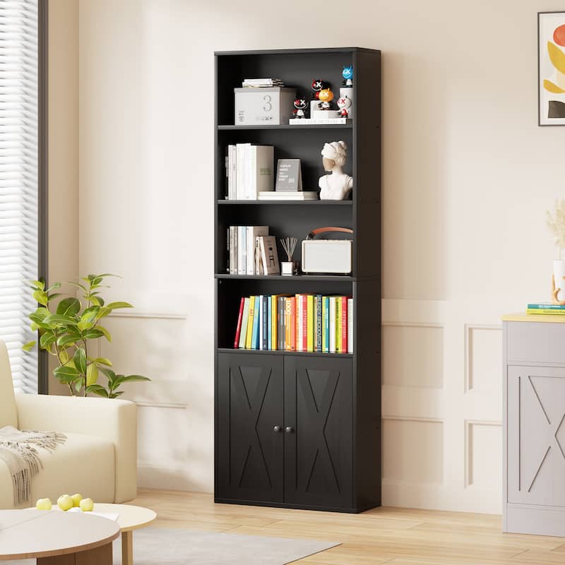 Farmhouse 6-Tier Open Bookcase and Bookshelf with Doors - Black