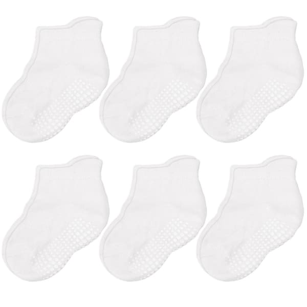 slide 2 of 6, CozyWay Non-Slip Ankle Style Socks with Grippers, 6 Pack for Baby Boys and Girls, White