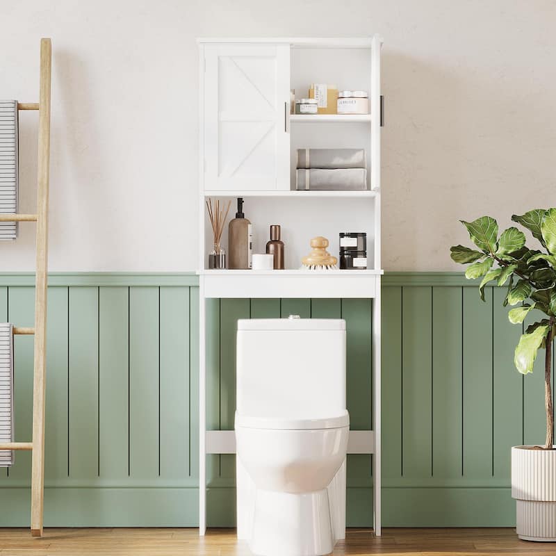 Over The Toilet Storage Cabinet with Adjustable Shelf, Bathroom Space Saver Organizer with Double Doors and Open Shelf