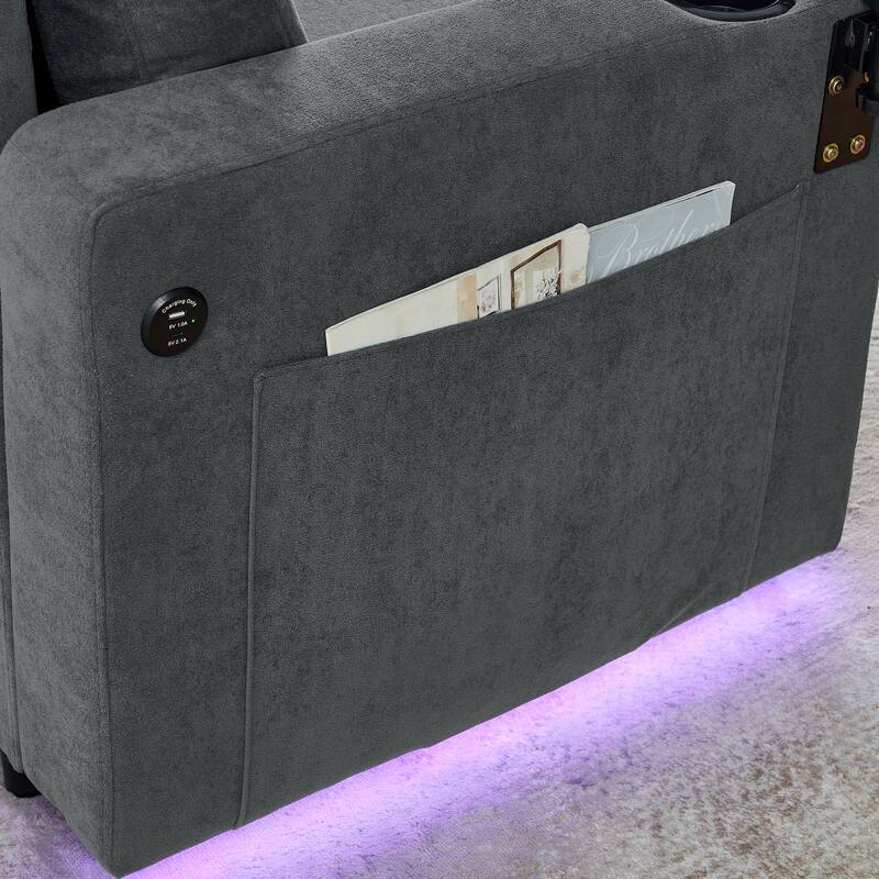 Pull Out Sleeper Sofa Bed Chenille L-shaped Sectional Couch with Storage Chaise, Retractable Table, LED, USB and Cup Holders
