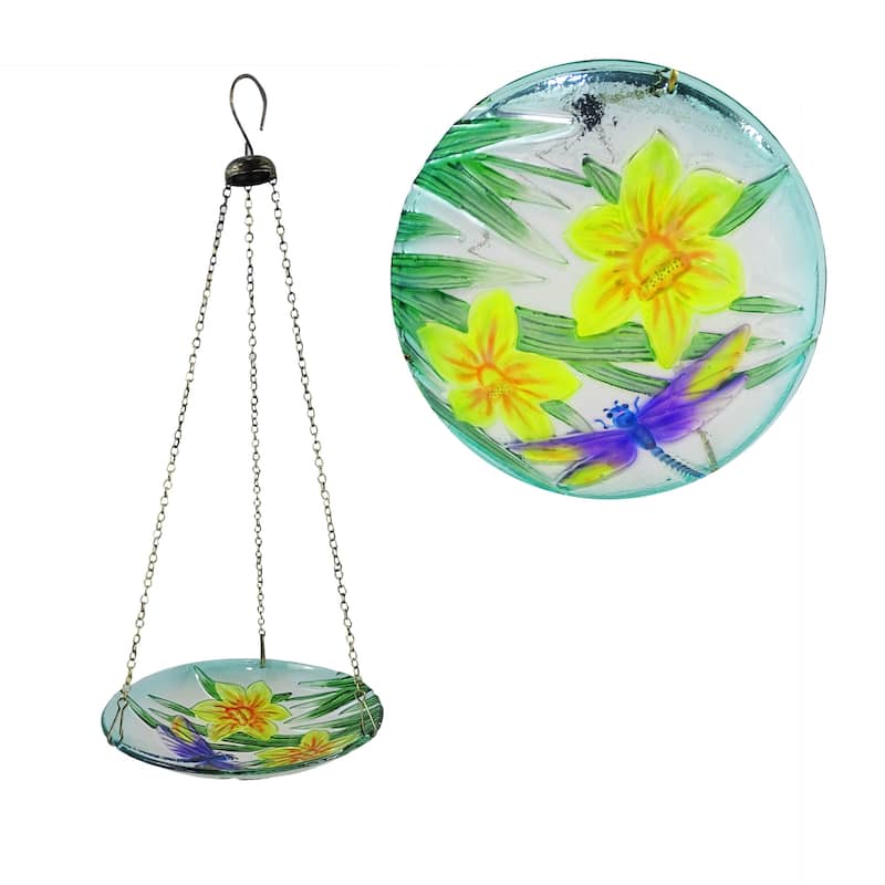 10" Glass Hanging Bird Feeder w/ Flowers & Dragonfly