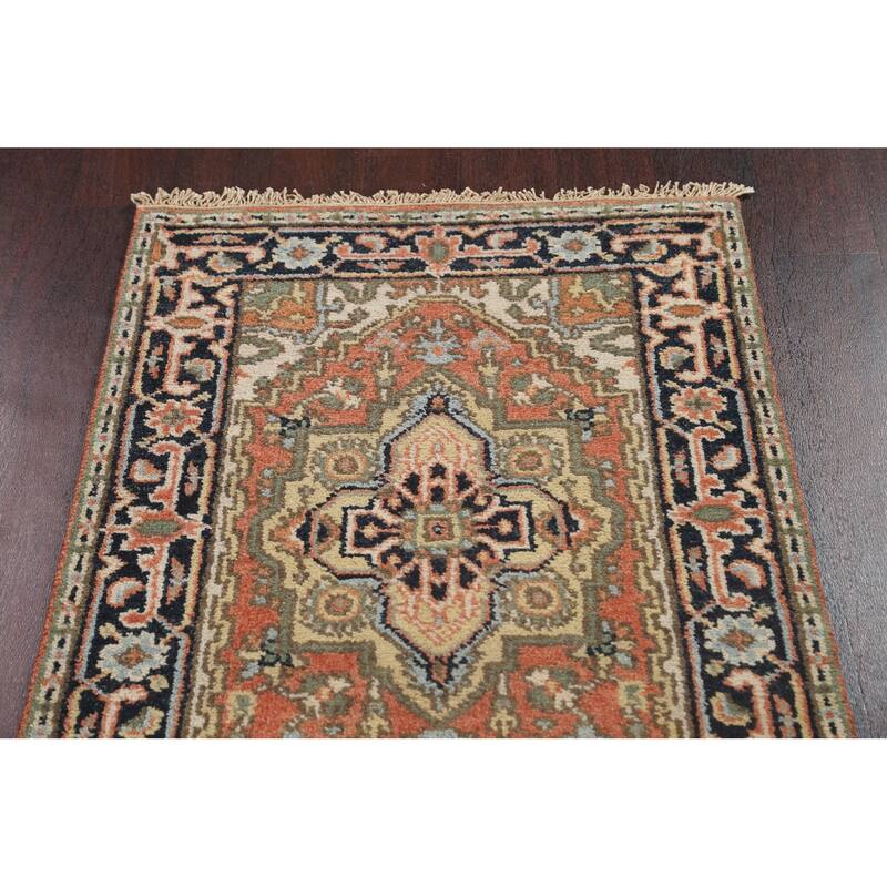 Hand Knotted Oriental 100% Wool Carpet Traditional Geometric Oranges & Rust Indo Heriz Serapi Runner Rug - 11' 11'' X 2' 7''