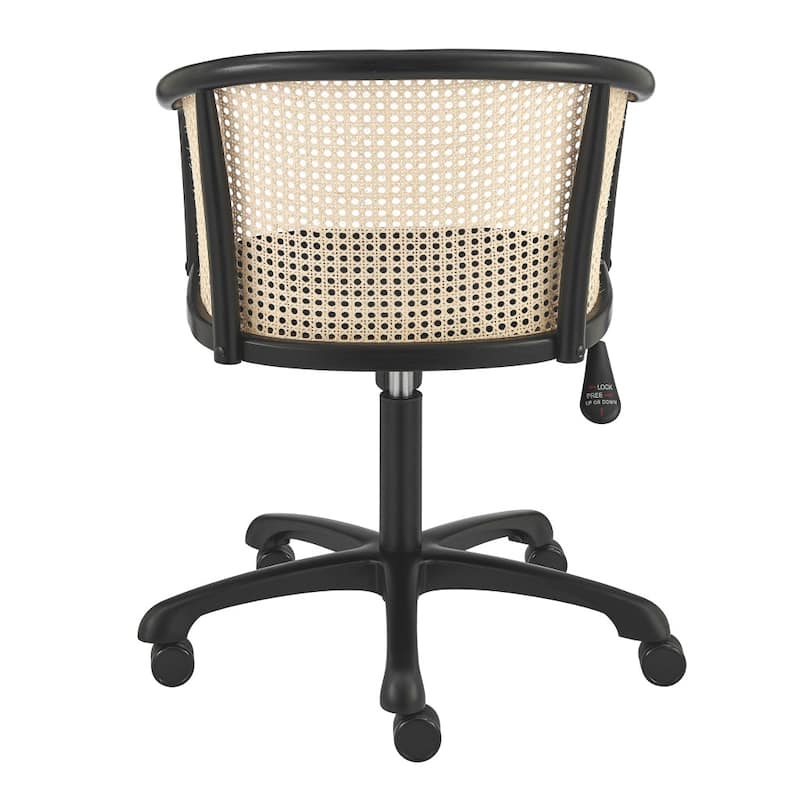 Beige and Black Solid Wood Steel And Cane Rattan Adjustable Swivel Rolling Office Chair - 22.5' X '33.5' X '26.5