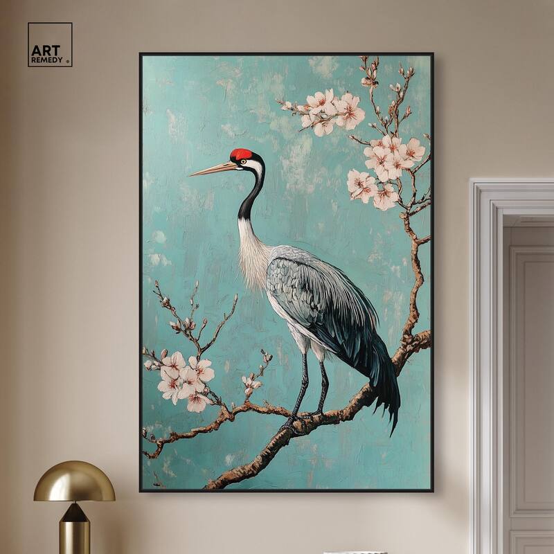 Crane in Blossom Canvas by Art Remedy