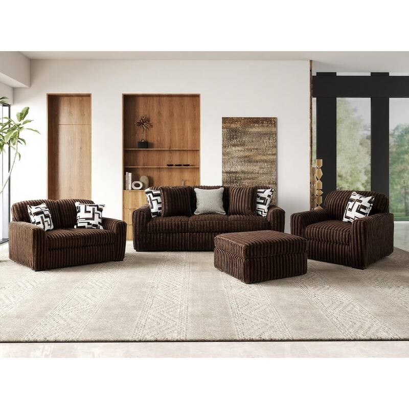 Roundhill Furniture Solenne 4-Piece Living Room Set, Oversized Sofa, Loveseat, Chair and a Half, and Ottoman - Brown