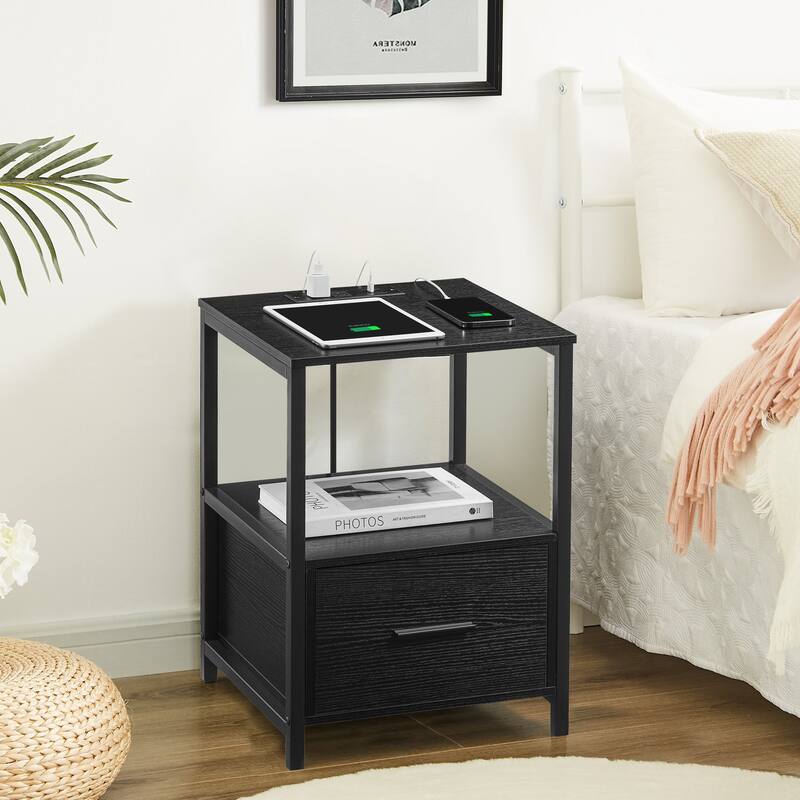 3-pieces Bedroom Set Platform Bed Frame Set of 2 Nightstands with Charging Station USB Port